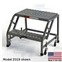 OSHA 2-Step EZY-Climb Steel Ladders with EZY-Tread or Grip Strut, 3" spring-loaded casters in choice of 17"W, 24"W (Z019 shown) or 30"W steps by EGA Products  |  2813-PP-04 displayed