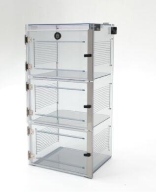 ValuLine ESD-safe desiccator cabinet, static-dissipative PVC, 3 chambers with adjustable shelving  |  3949-32C displayed