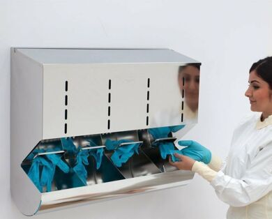 BioSafe® stainless steel glove dispensers allow easy access to loose gloves and supplies; easy-open top for clean, fast restocking  |  4951-33-2 displayed