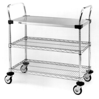 Stainless steel and Chrome Plated Utility Carts by InterMetro includes two wire and one solid steel shelf, handles and four casters  |  1401-54 displayed